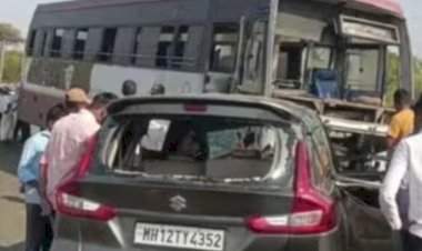 अहमदनगरमध्ये एसटी बस-कारचा भीषण अपघात; ४ जण ठार तर ३ जण जखमी.