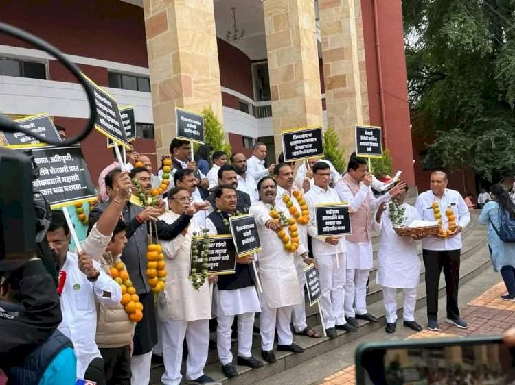 शेतकरी विरोधी राज्य सरकारचा महाविकास आघाडीच्या नेते,आमदारांनी केला निषेध. हिवाळी अधिवेशनाच्या पहिल्या दिवशी विधान भवनाच्या पायऱ्यांवर केले आंदोलन.