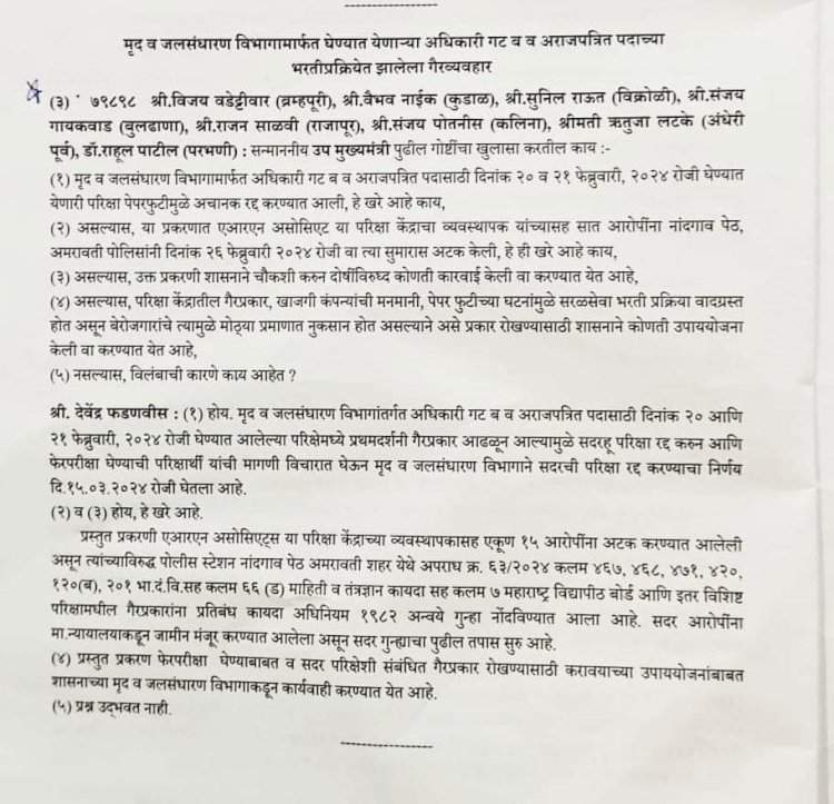 मृद व जलसंधारण विभागामार्फत घेण्यात येणाऱ्या गट ब व अराजपत्रित पदाच्या भरती प्रक्रियेत गैरव्यवहार.  आमदार वैभव नाईक यांनी पावसाळी अधिवेशनादरम्यान तारांकित प्रश्नाच्या माध्यमातून वेधले सभागृहाचे लक्ष.